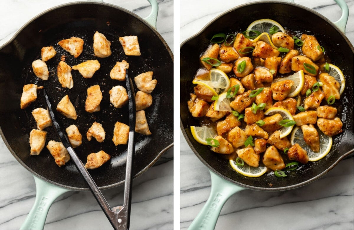tossing chinese lemon chicken bites in a skillet with cooking tongs