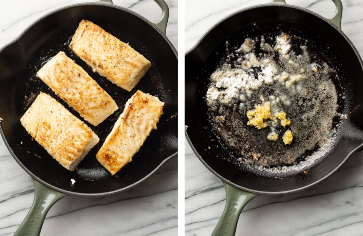 pan searing halibut in a skillet and making a pan sauce