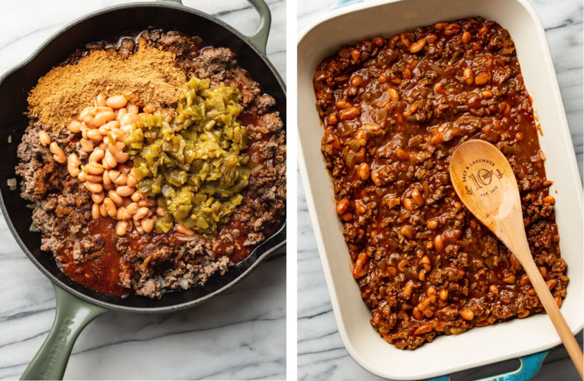 cooking meat mixture in a skillet and adding it to a baking dish for frito pie
