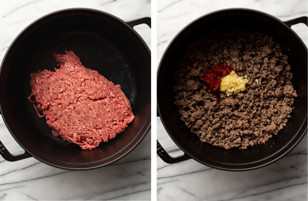 cooking ground beef in a dutch oven and adding garlic