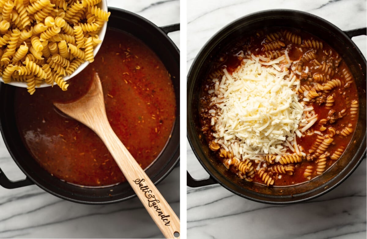 adding in rotini pasta to a soup pot with meaty tomato sauce and topping with mozzarella