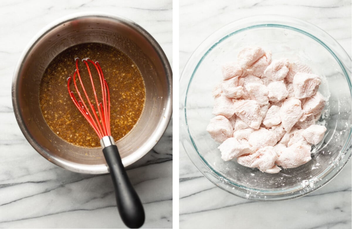 mixing sesame sauce in a prep bowl and tossing chicken with cornstarch