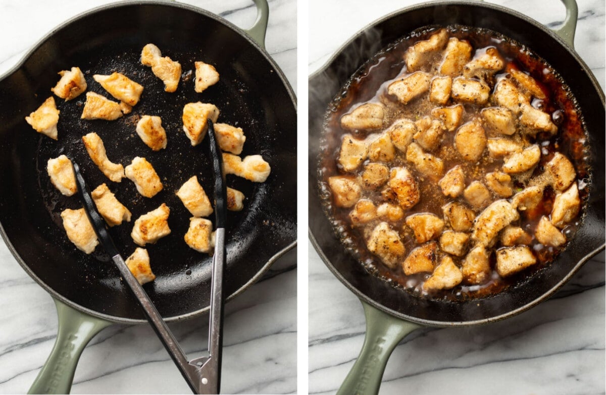 pan frying chicken in a skillet and tossing with sesame sauce