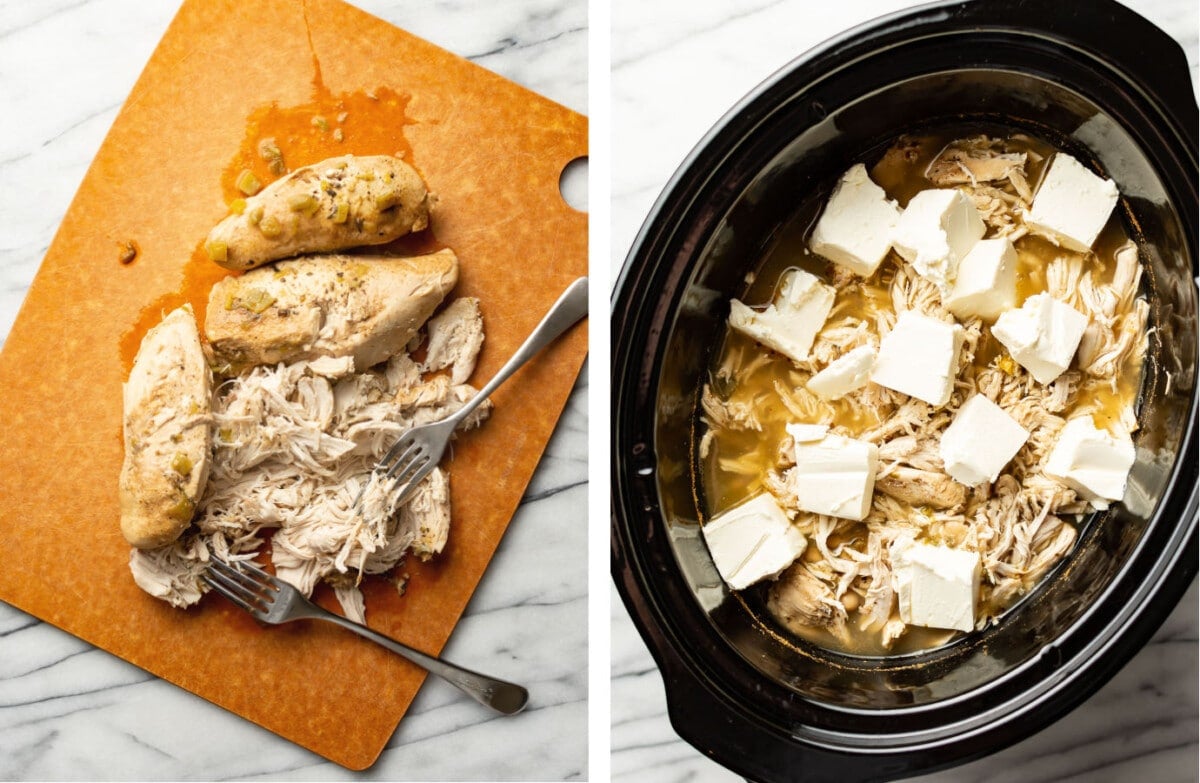 shredding chili on a cutting board and returning it to a slow cooker with chili