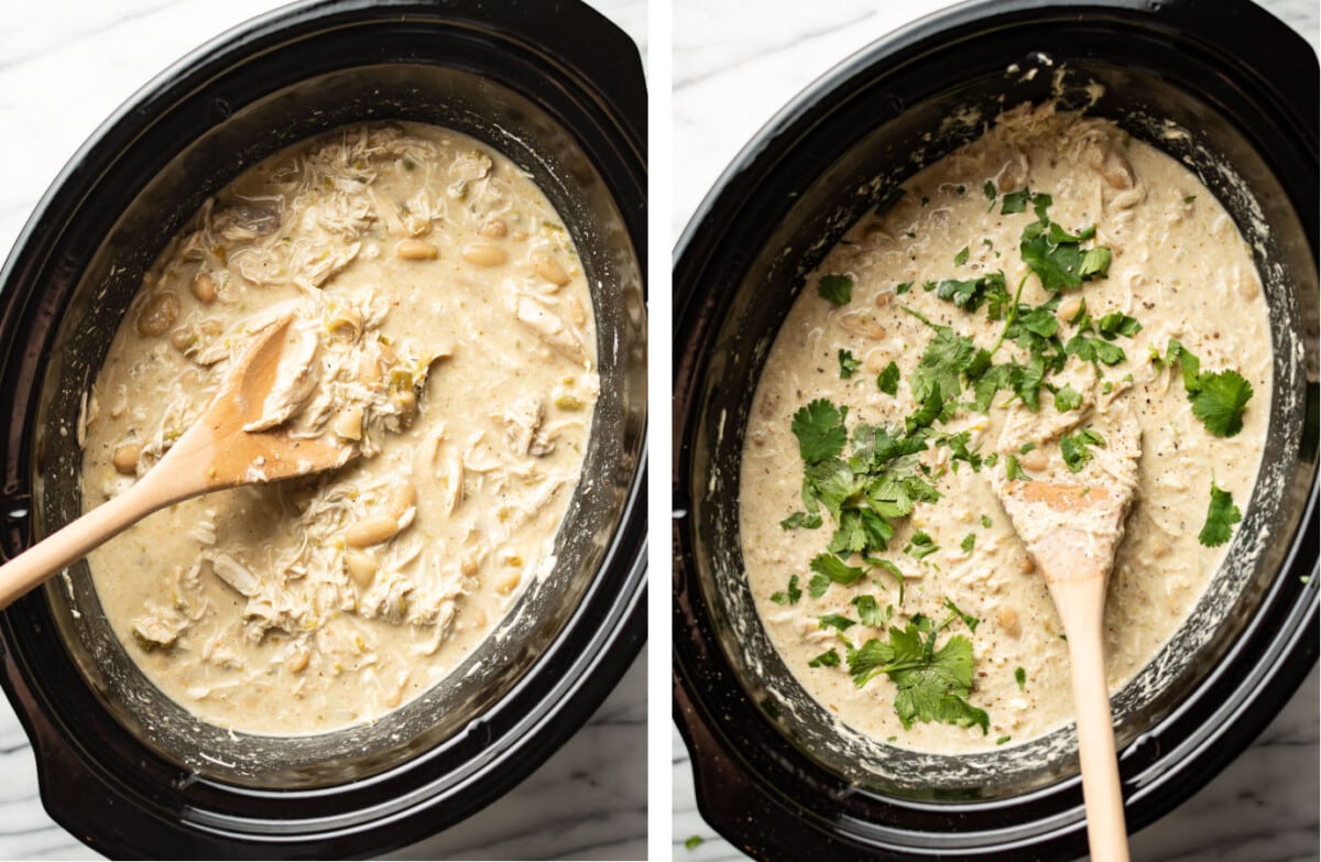 stirring in cilantro to a slow cooker with white chicken chili