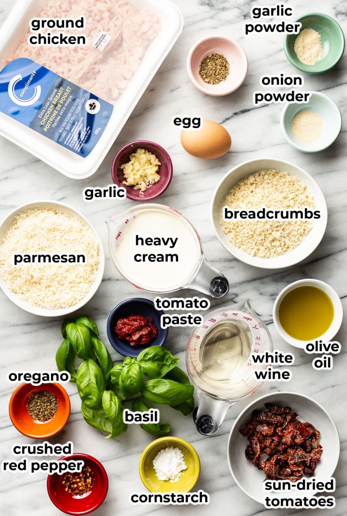 ingredients for marry me chicken meatballs in prep bowls