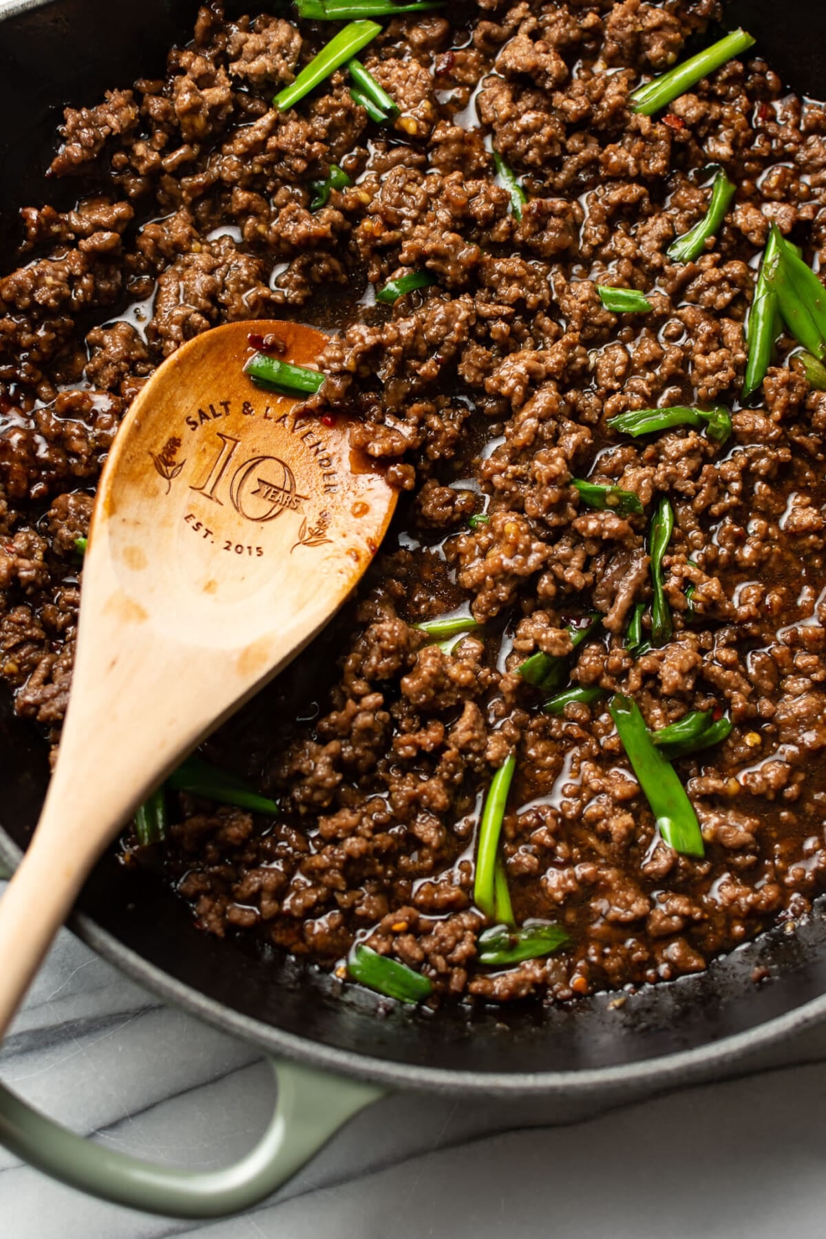 a skillet with mongolian ground beef