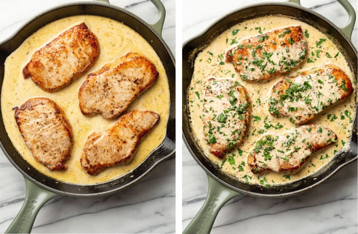 cooking creamy white wine pork chops in a skillet and adding parsley