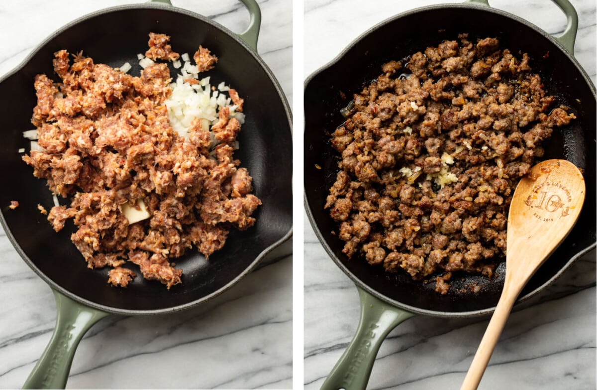 cooking italian sausage in a skillet with onions