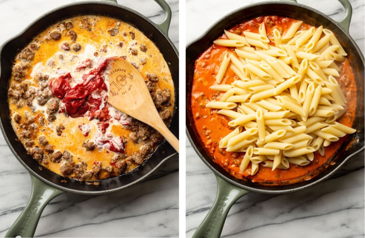 making sauce for penne alla vodka with sausage in a skillet and adding pasta