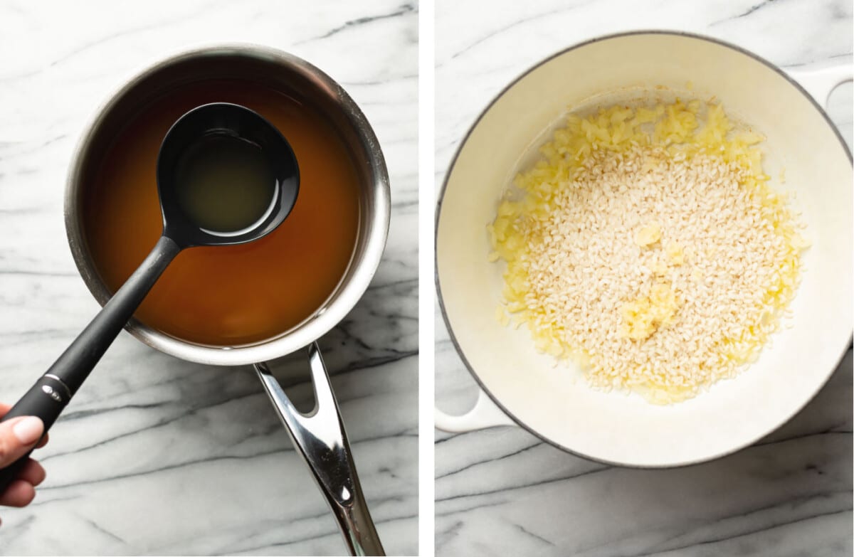 heating up chicken broth in a saucepan and sauteing onions in a dutch oven
