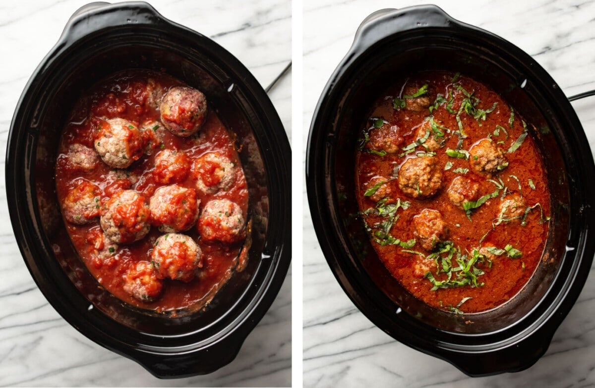 meatballs and tomato sauce in a slow cooker before and after cooking