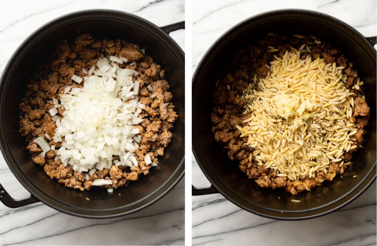 cooking italian sausage and onions in a pot and adding in orzo