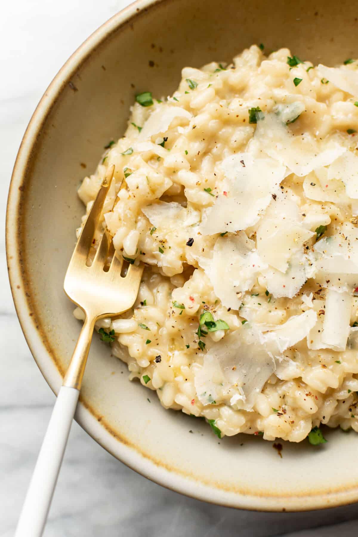 a bowl of risotto with a fork