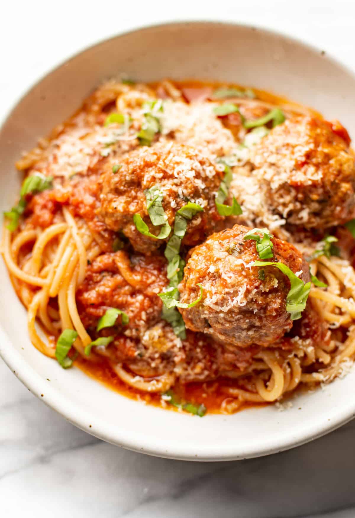 a bowl of Crockpot spaghetti and meatballs
