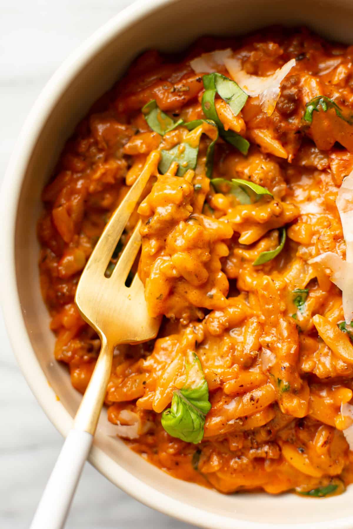 a bowl with spicy italian sausage orzo and a fork