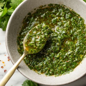 a bowl of homemade chimichurri sauce with a spoon
