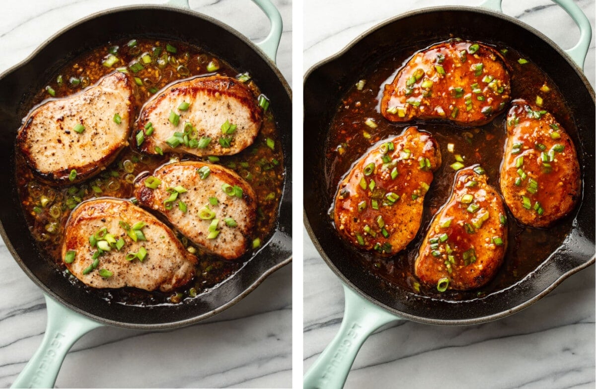 honey garlic pork chops in a skillet before and after cooking