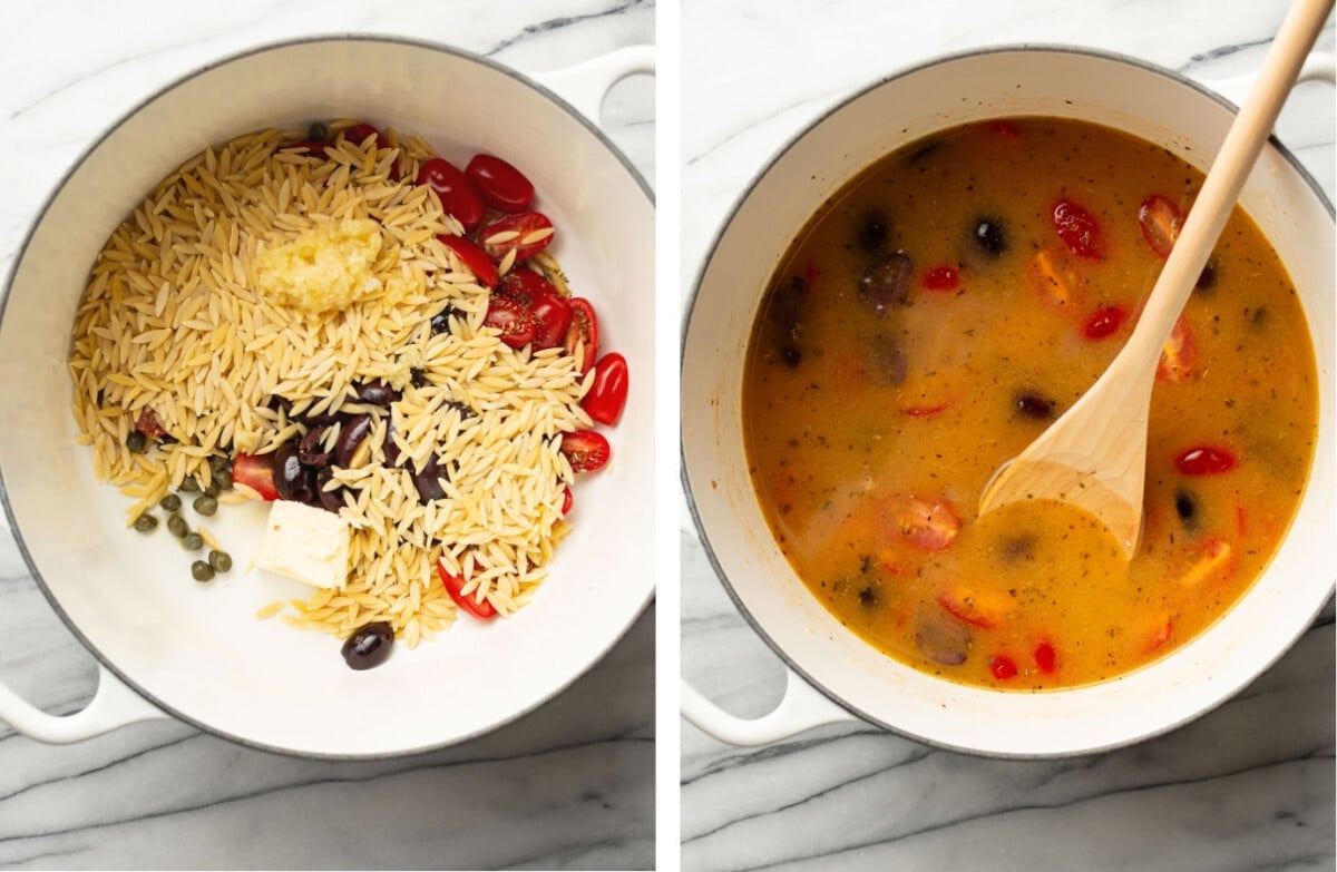 cooking orzo in a pot and stirring in broth, tomatoes, and wine