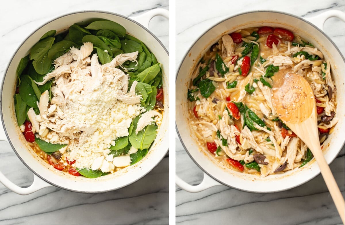 stirring in chicken, spinach, and feta to a pot with mediterranean orzo