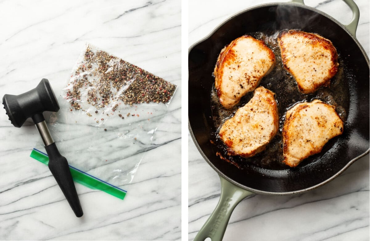 crushing peppercorns with a meat mallet and pan searing pork chops in a skillet