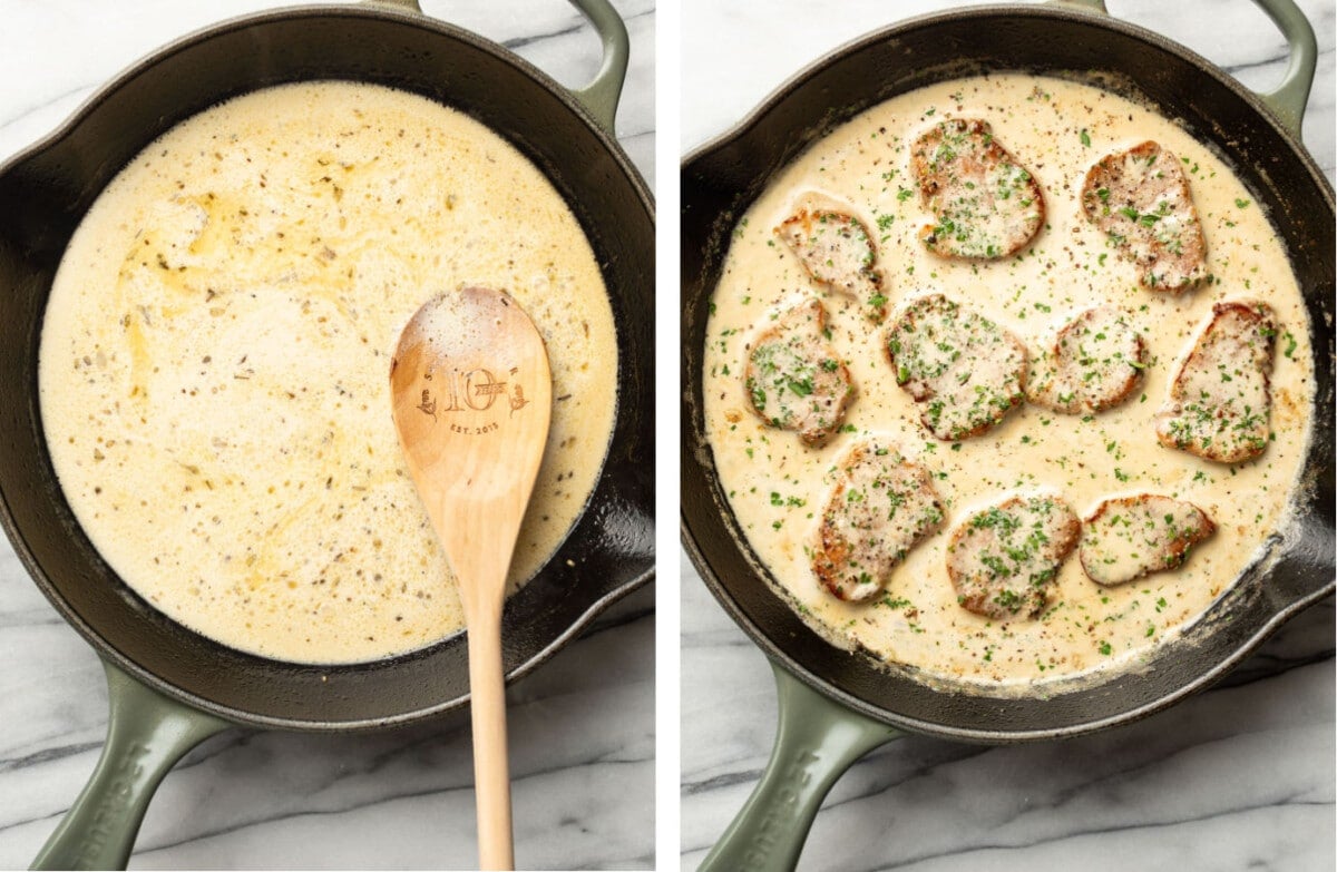 a skillet with creamy white wine pork tenderloin before and after cooking