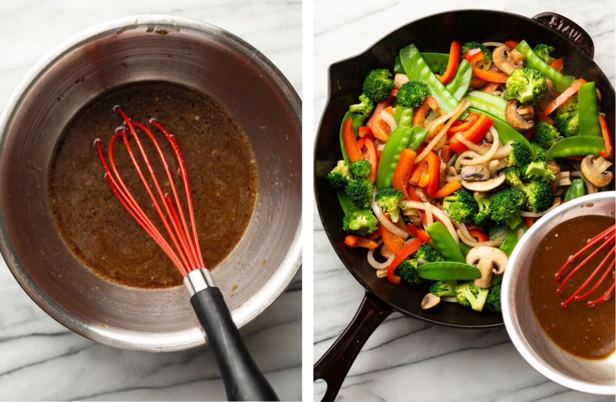 whisking homemade stir fry sauce in a bowl and adding to a skillet with vegetable stir fry