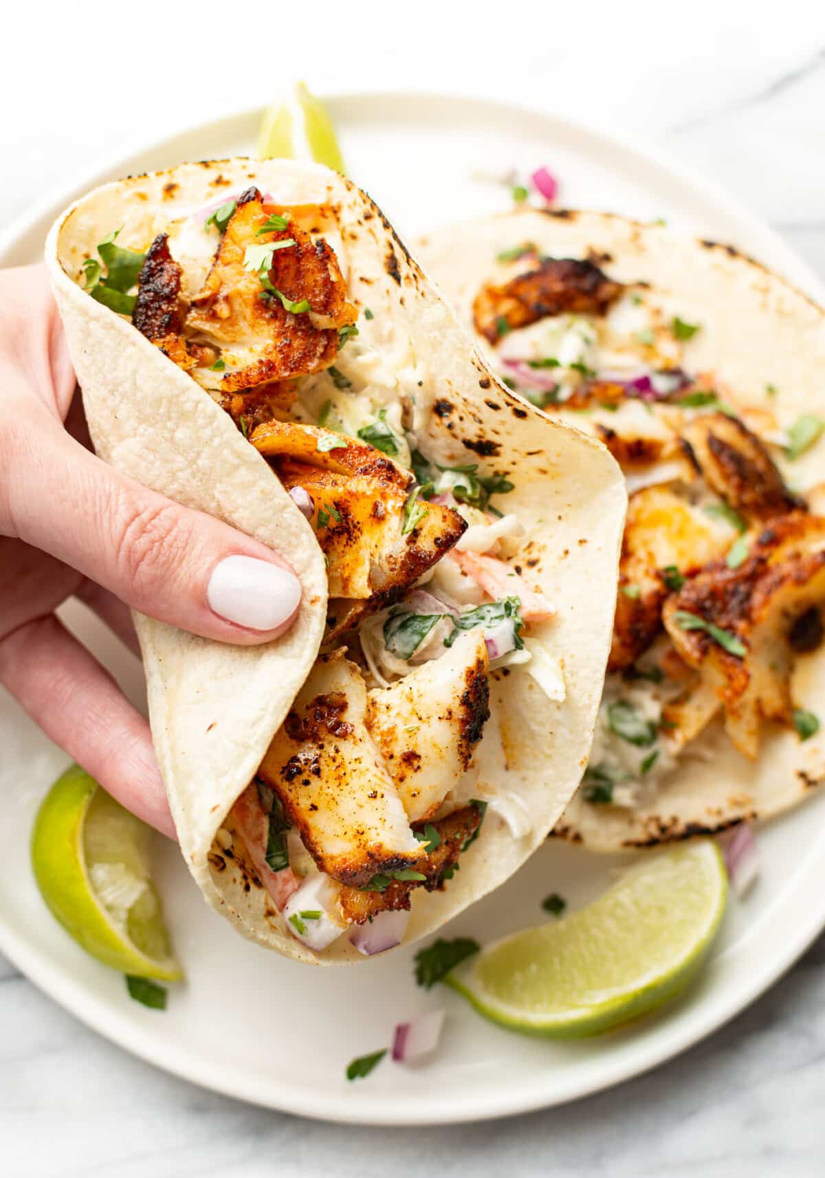 a female hand holding a blackened fish taco