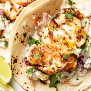 a plate with blackened fish tacos