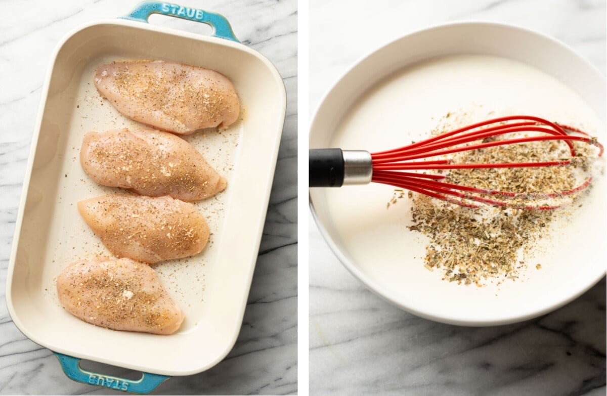 placing seasoned chicken breasts in a baking dish and whisking white wine sauce in a prep bowl