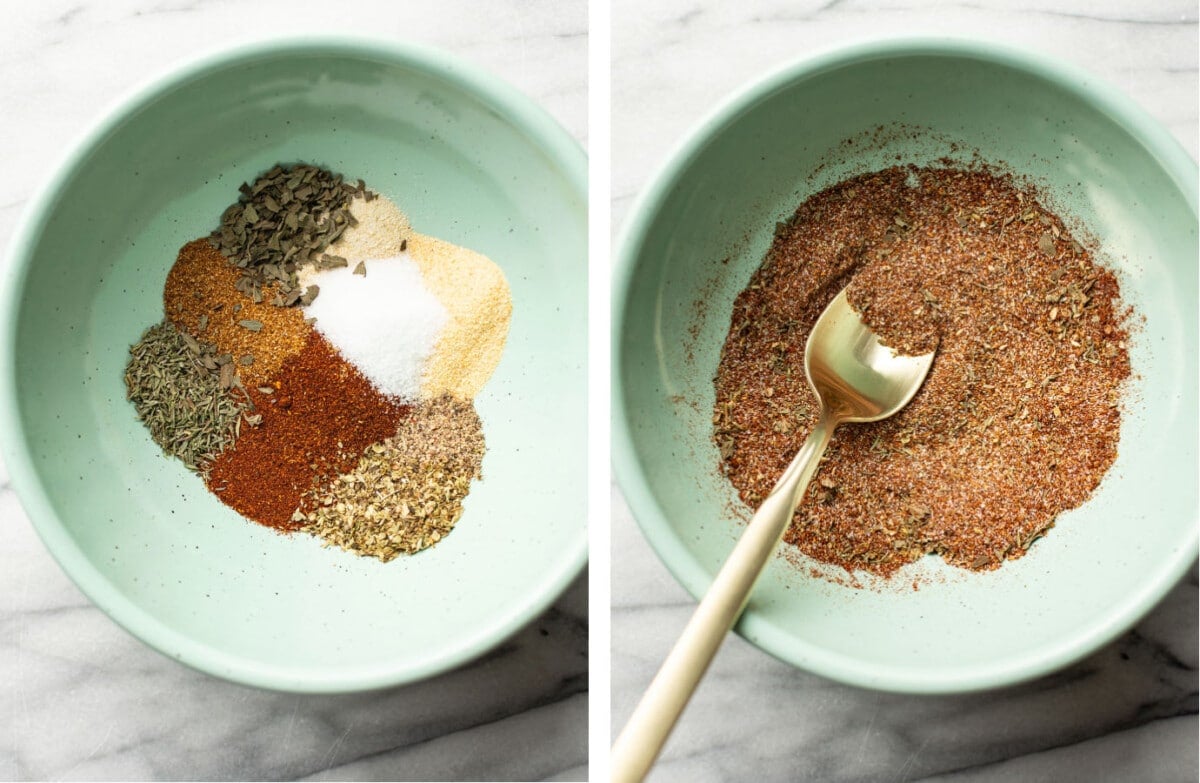 making homemade blackened seasoning in a prep bowl with a spoon