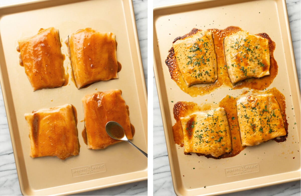 arctic char on a baking sheet before and after baking