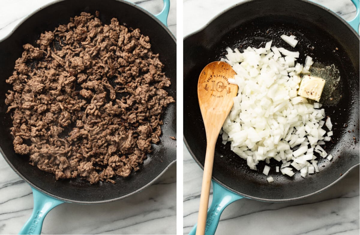 browning ground beef in a skillet and sauteing onions in butter