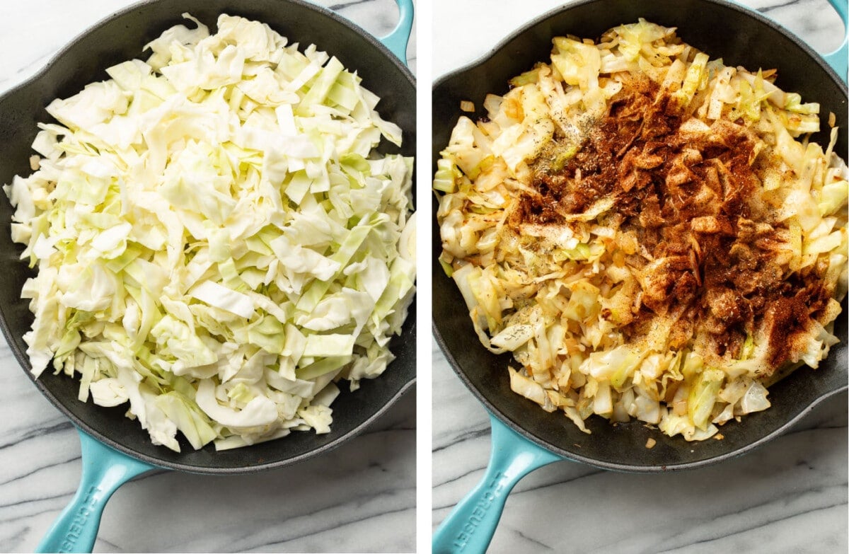 sauteing cabbage in a skillet and adding paprika and other seasonings