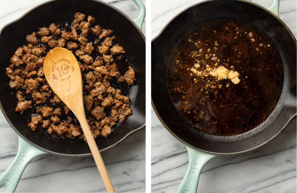 cooking italian sausage in a skillet and making the base of a garlic white wine sauce