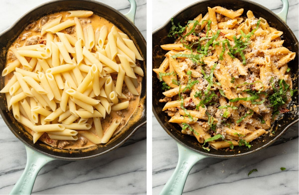 tossing marry me sausage pasta in a skillet and adding fresh basil