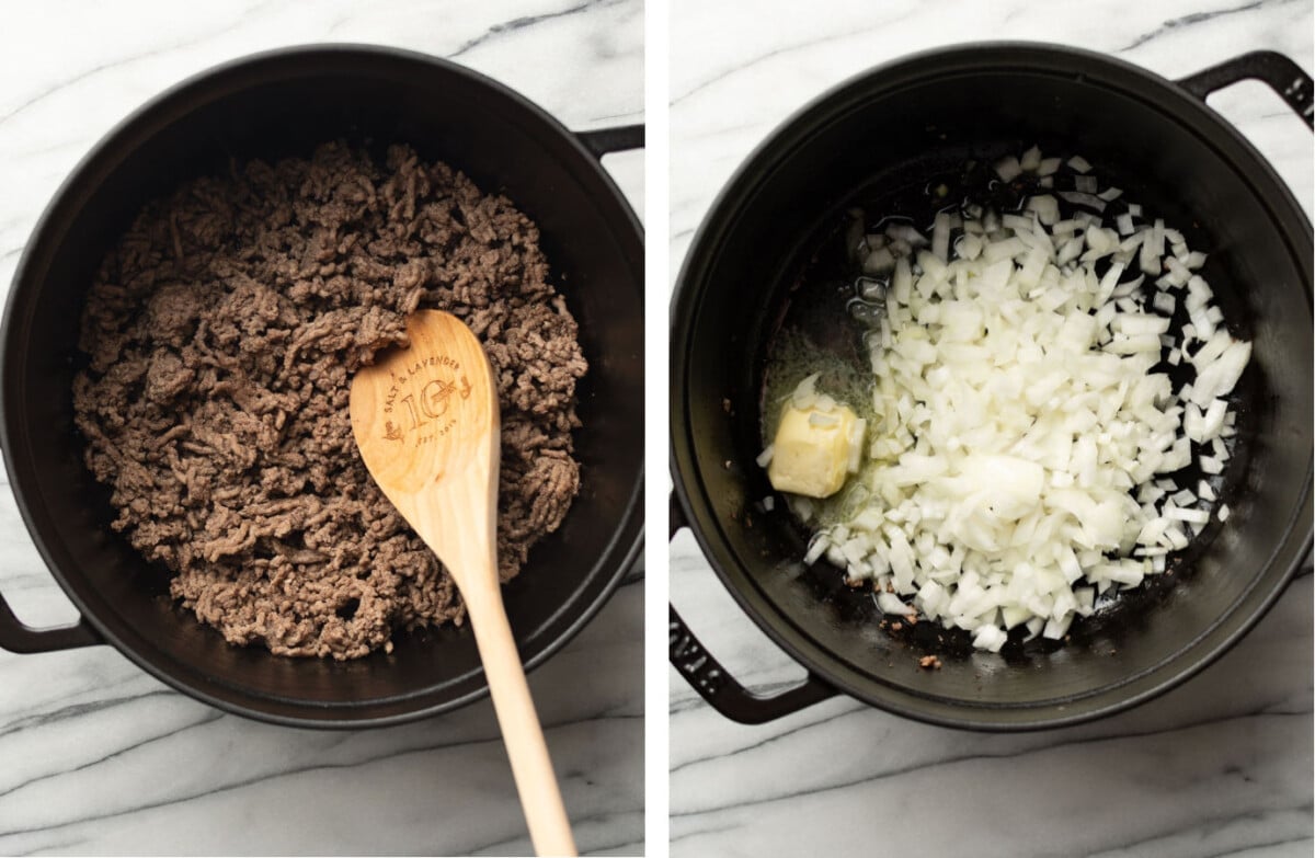 cooking ground beef in a soup pot and sauteing onions
