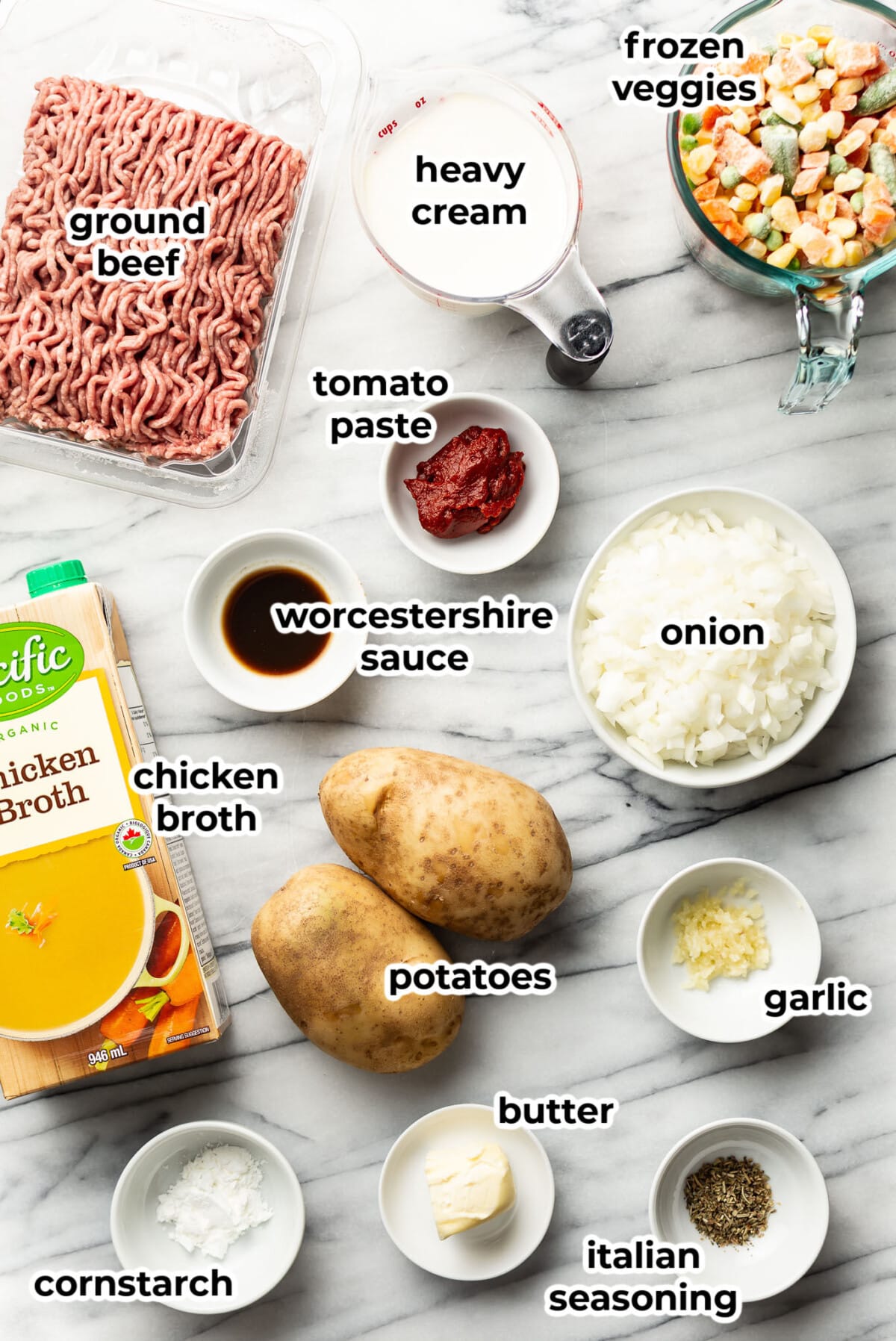 ingredients for shepherd's pie soup in prep bowls