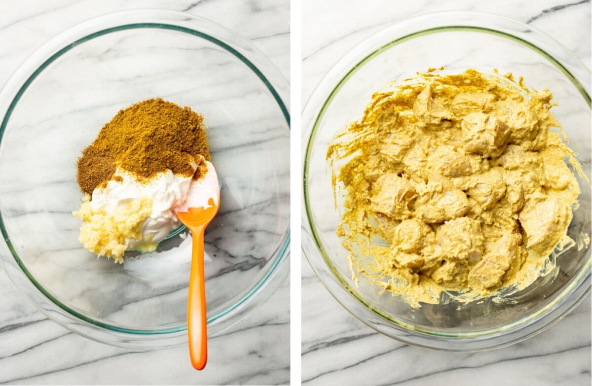 mixing butter chicken marinade in a prep bowl and adding chicken