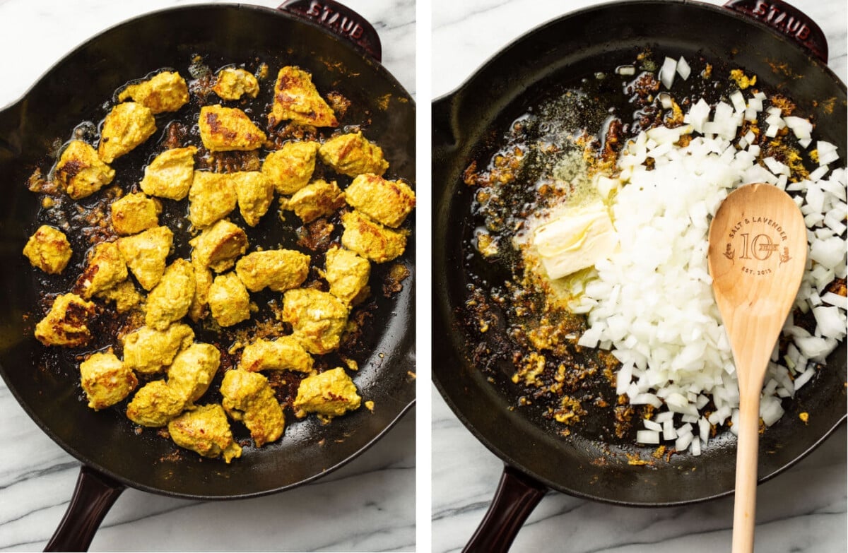 pan frying butter chicken in a skillet then sauteing onions