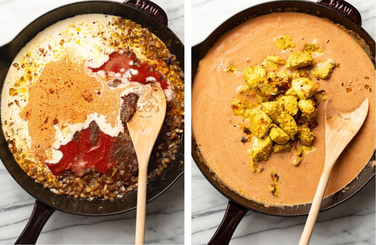 making butter chicken sauce in a skillet and stirring in chicken bites