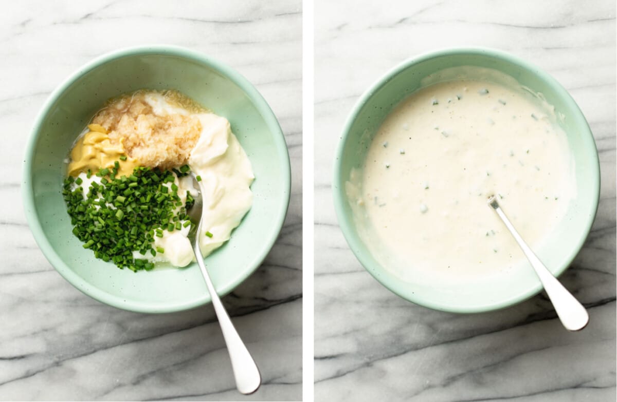 making homemade creamy horseradish sauce in a prep bowl