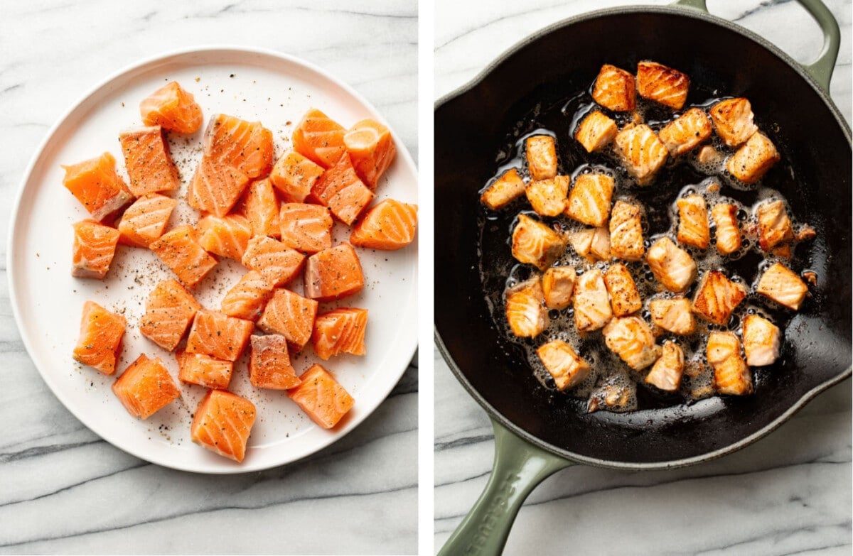 a plate with uncooked salmon bites and pan searing them in a skillet