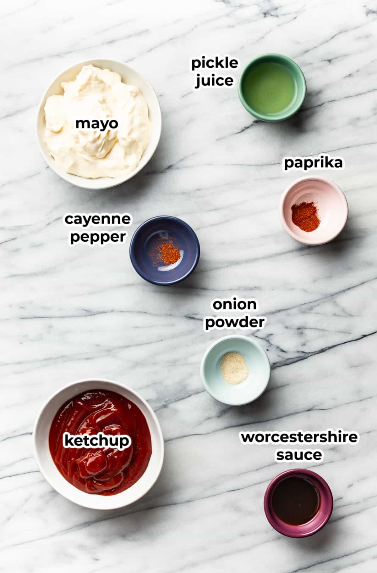 ingredients for fry sauce in prep bowls