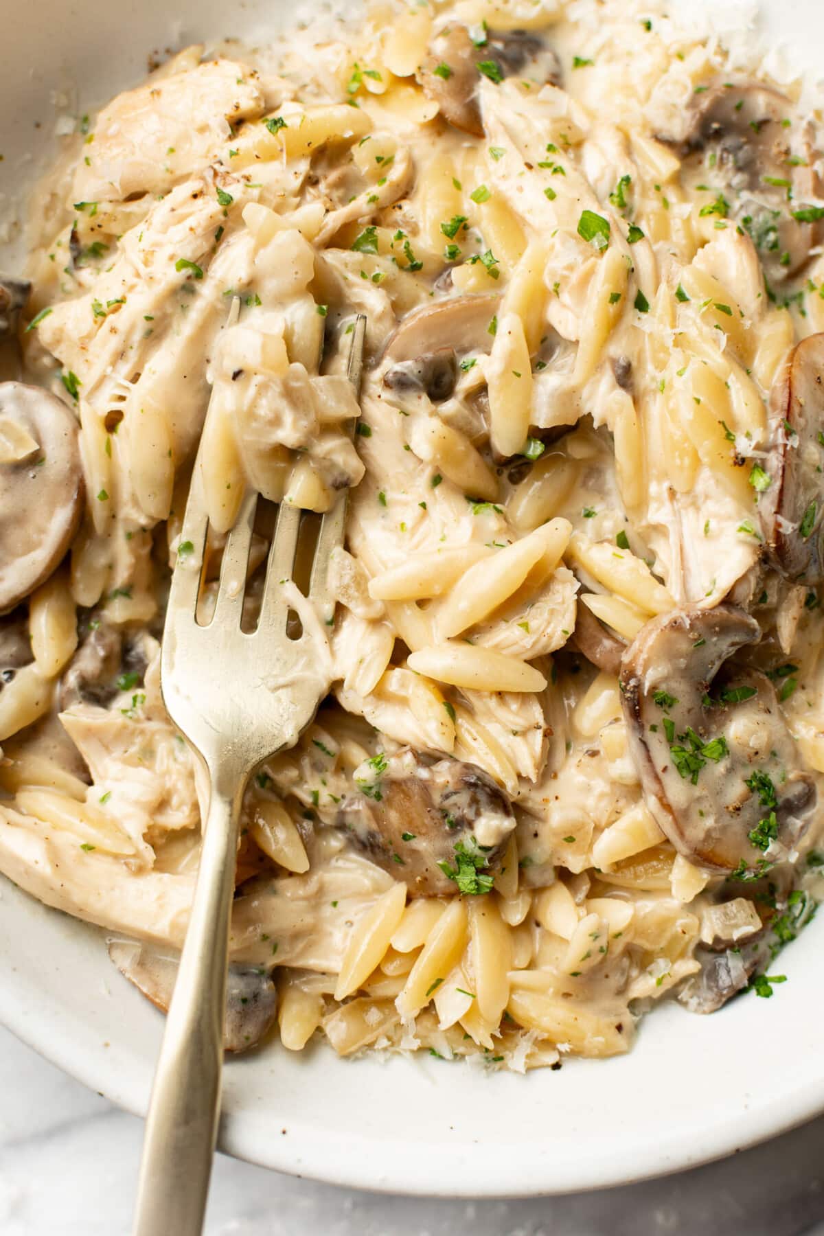 a bowl of creamy mushroom chicken orzo with a fork
