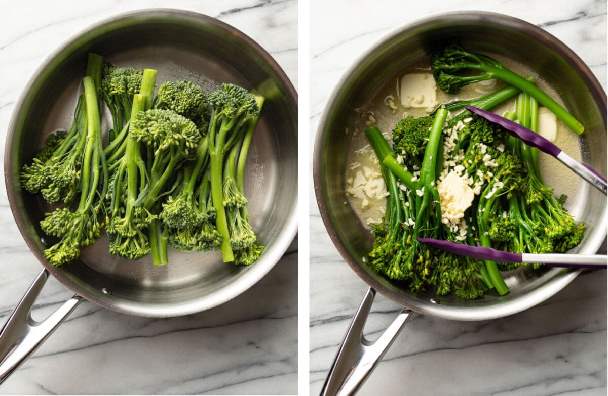 cooking garlic butter broccolini in a skillet