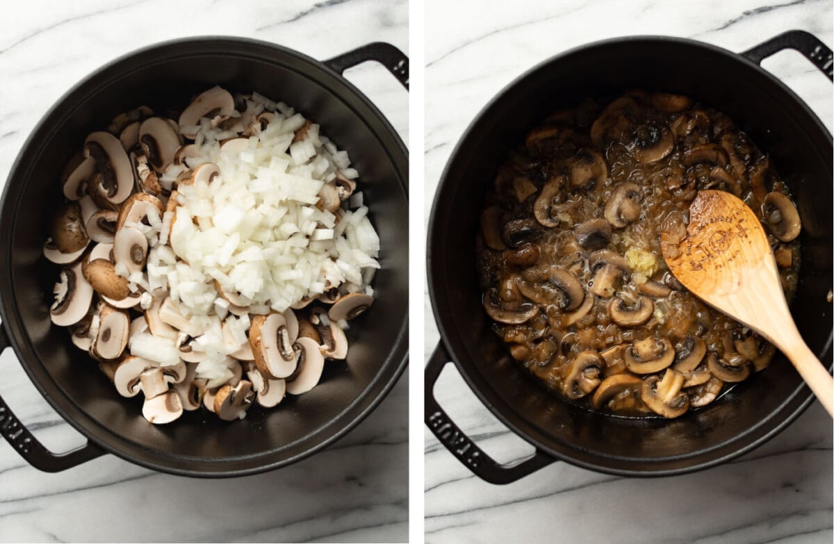 sauteing mushrooms and onions in a soup pot and adding in white wine and garlic
