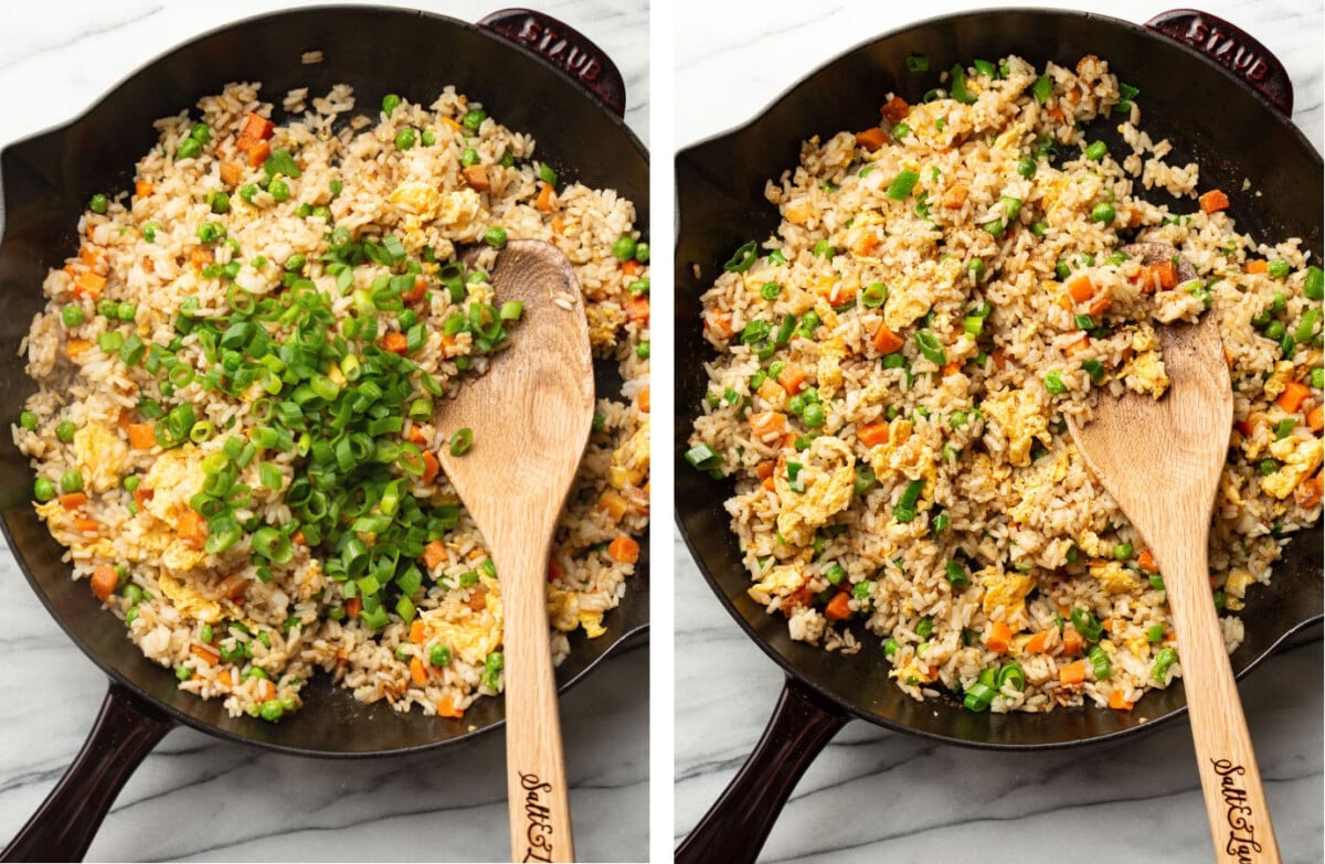 adding in scallions to a skillet with fried rice