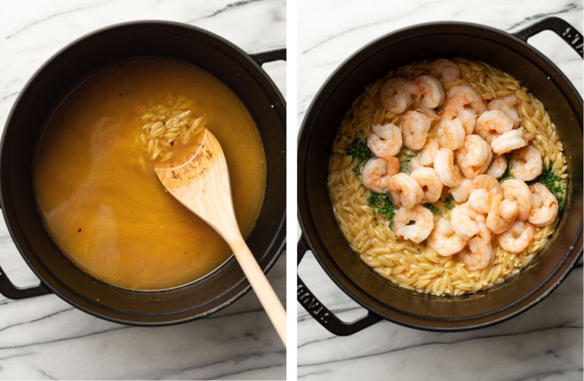 stirring in chicken broth to a pot with orzo, and adding shrimp and parsley