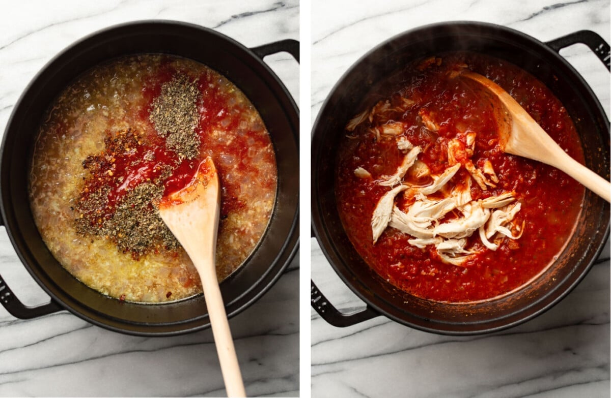 making a homemade fra diavolo sauce in a dutch oven and stirring in chicken